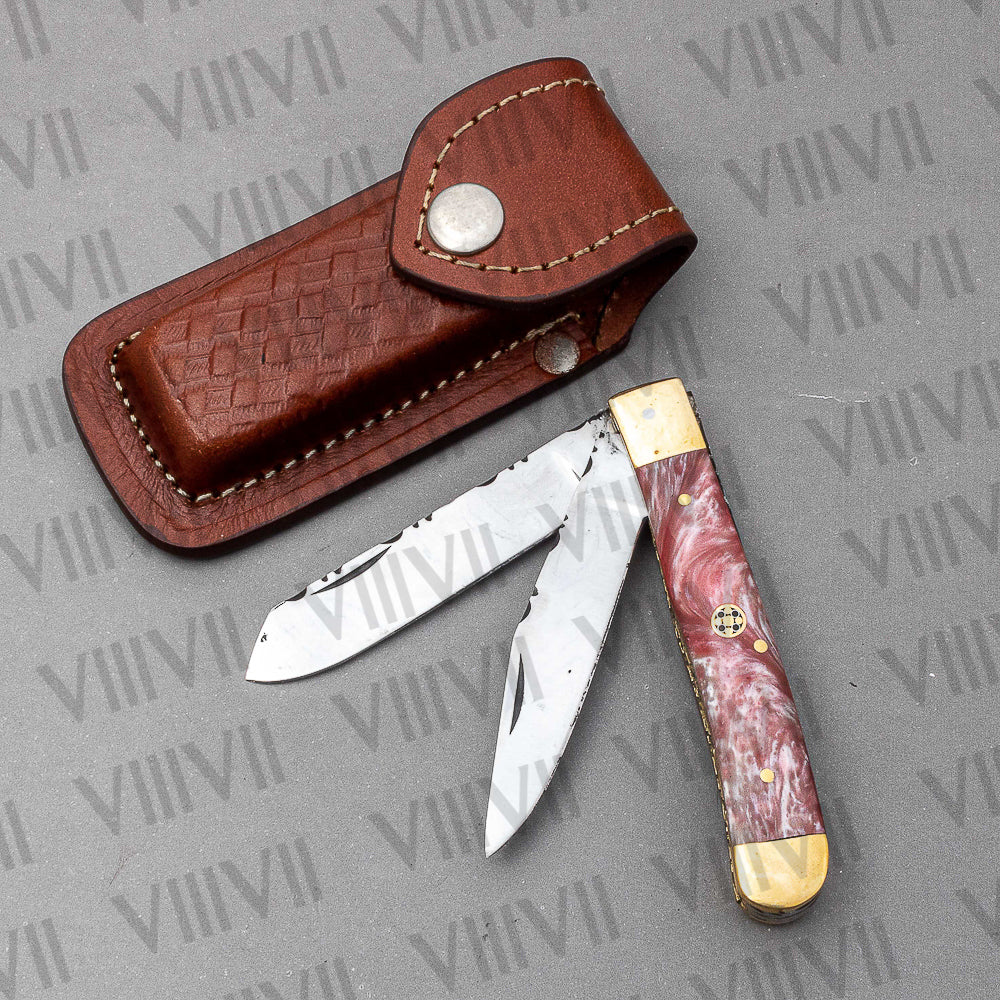 Double Blade Pocket Knife with Pink Resin Handle | Trapper Folding Knife with Clip & Spey Blades – Gift Box or Leather Sheath