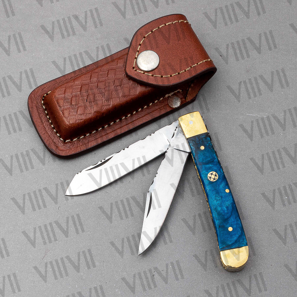 Double Blade Pocket Knife with Blue Resin Handle | Trapper Knife with Spey & Clip Point Blades – Gift Box or Leather Sheath Option
