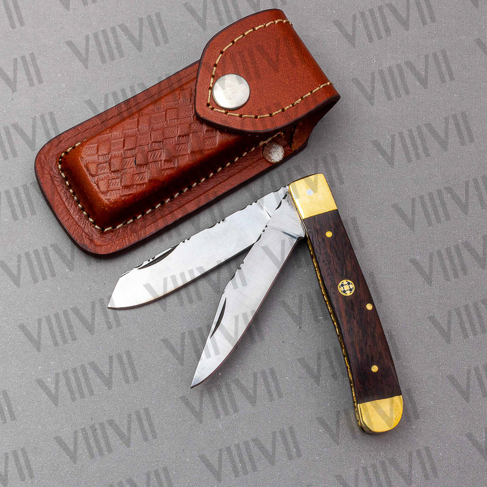 Double Blade Pocket Knife with Rosewood Handle | Trapper Folding Knife with Spey & Clip Point Blades – Gift Box or Leather Sheath