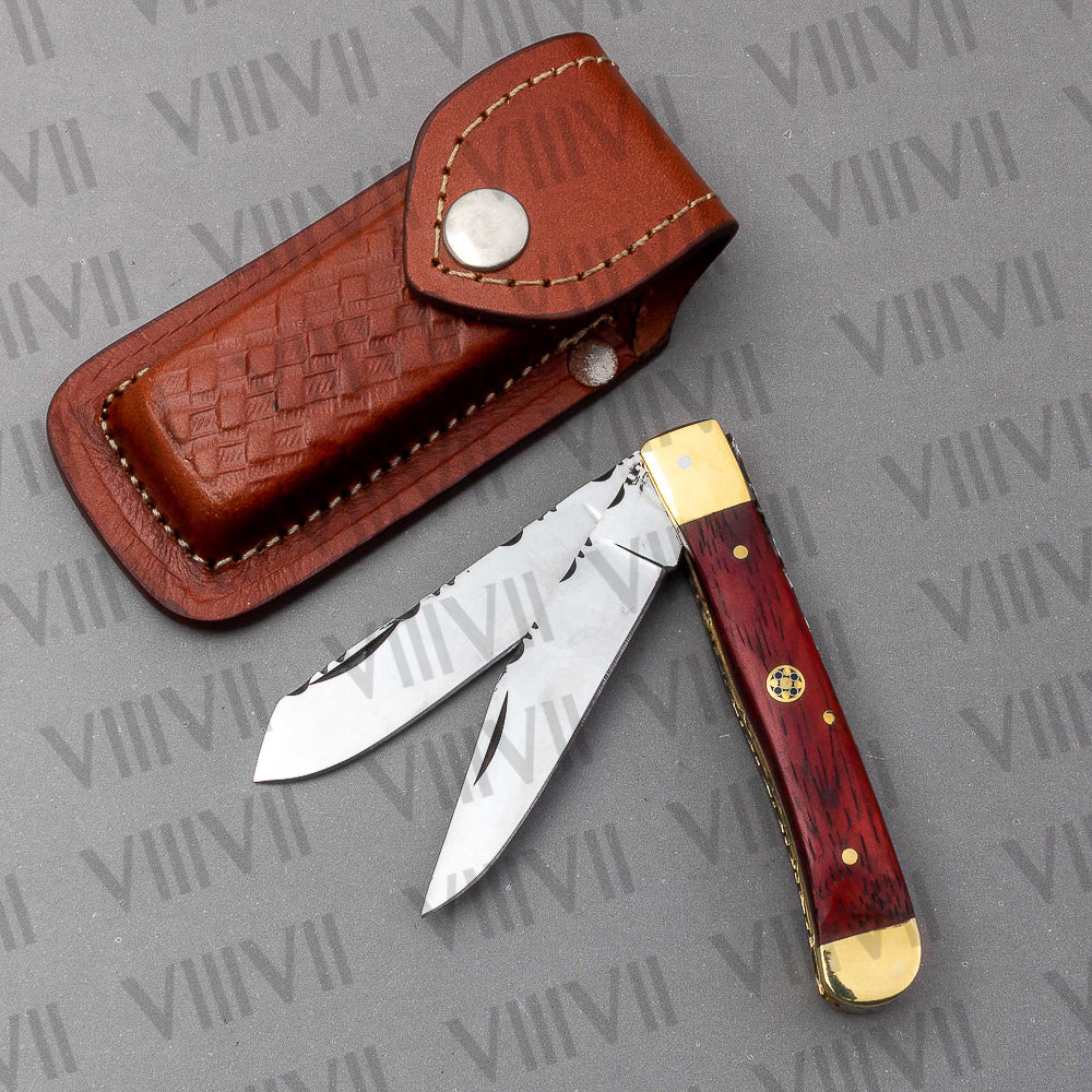 Double Blade Pocket Knife with Dollar Wood Handle | Trapper Folding Knife with Spey & Clip Point Blades – Gift Box or Leather Sheath Option