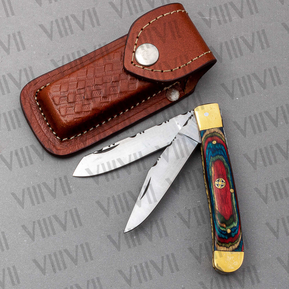 Double Blade Pocket Knife with Multi-Wood Handle | Trapper Folding Knife with Spey & Clip Point Blades – Gift Box or Leather Sheath Included