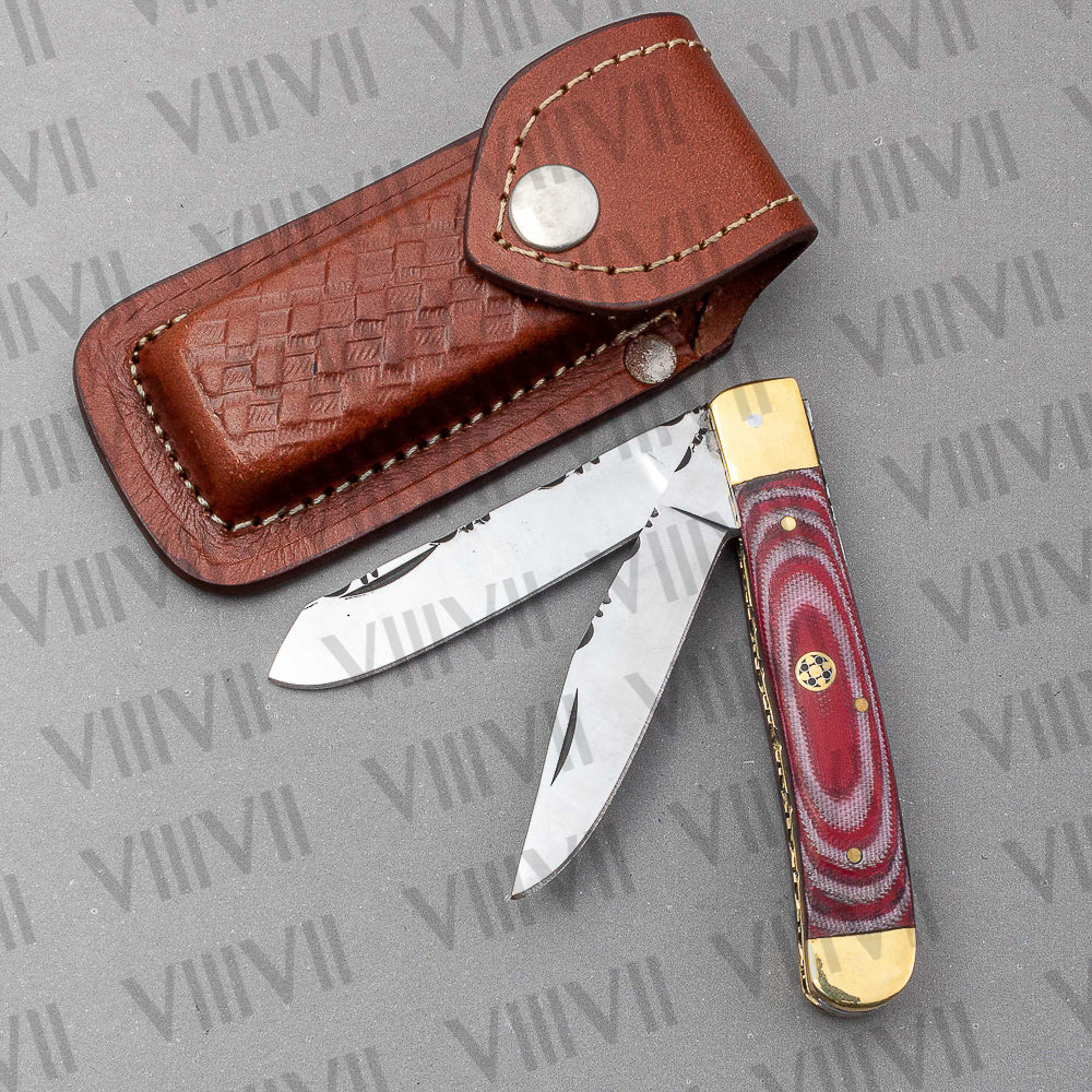 Double Blade Pocket Knife with Micarta Handle | Trapper Folding Knife with Clip & Spey Blades – Gift Box or Leather Sheath Option