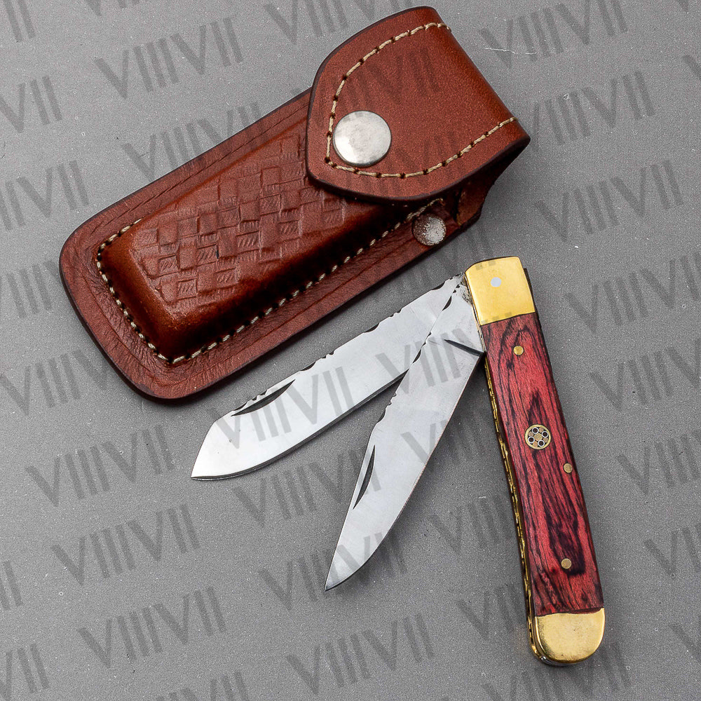 Double Blade Pocket Knife with Pakka Wood Handle | Trapper Folding Knife with Spey & Clip Point Blades – Gift Box or Leather Sheath Included