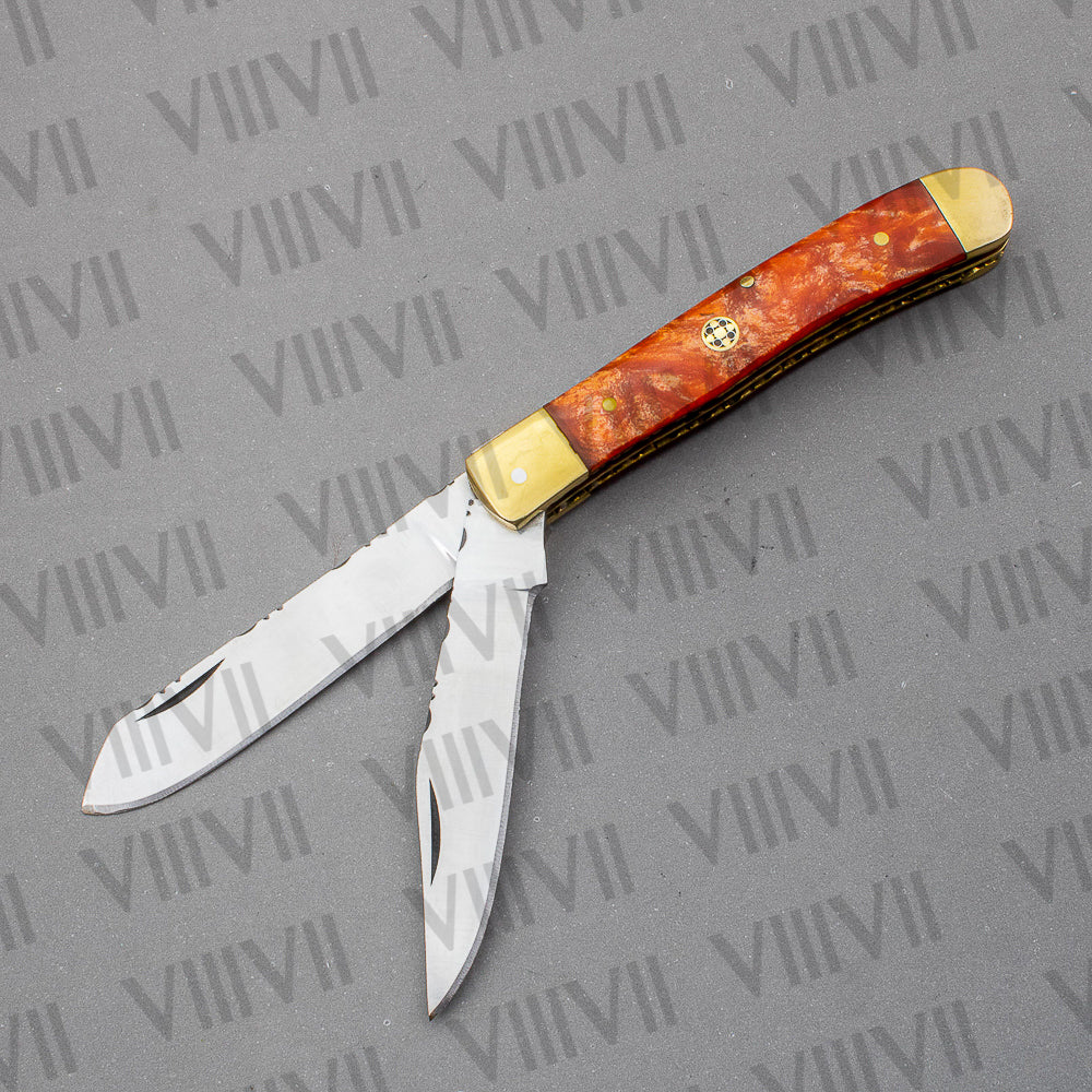 Double Blade Pocket Knife with Orange Resin Handle | Trapper Folding Knife with Clip & Spey Blades – Gift Box or Leather Sheath