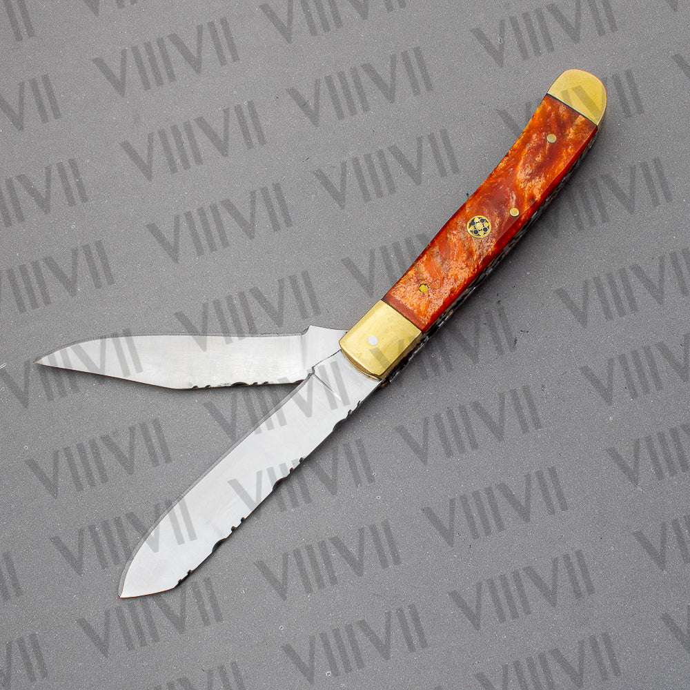 Double Blade Pocket Knife with Orange Resin Handle | Trapper Folding Knife with Clip & Spey Blades – Gift Box or Leather Sheath