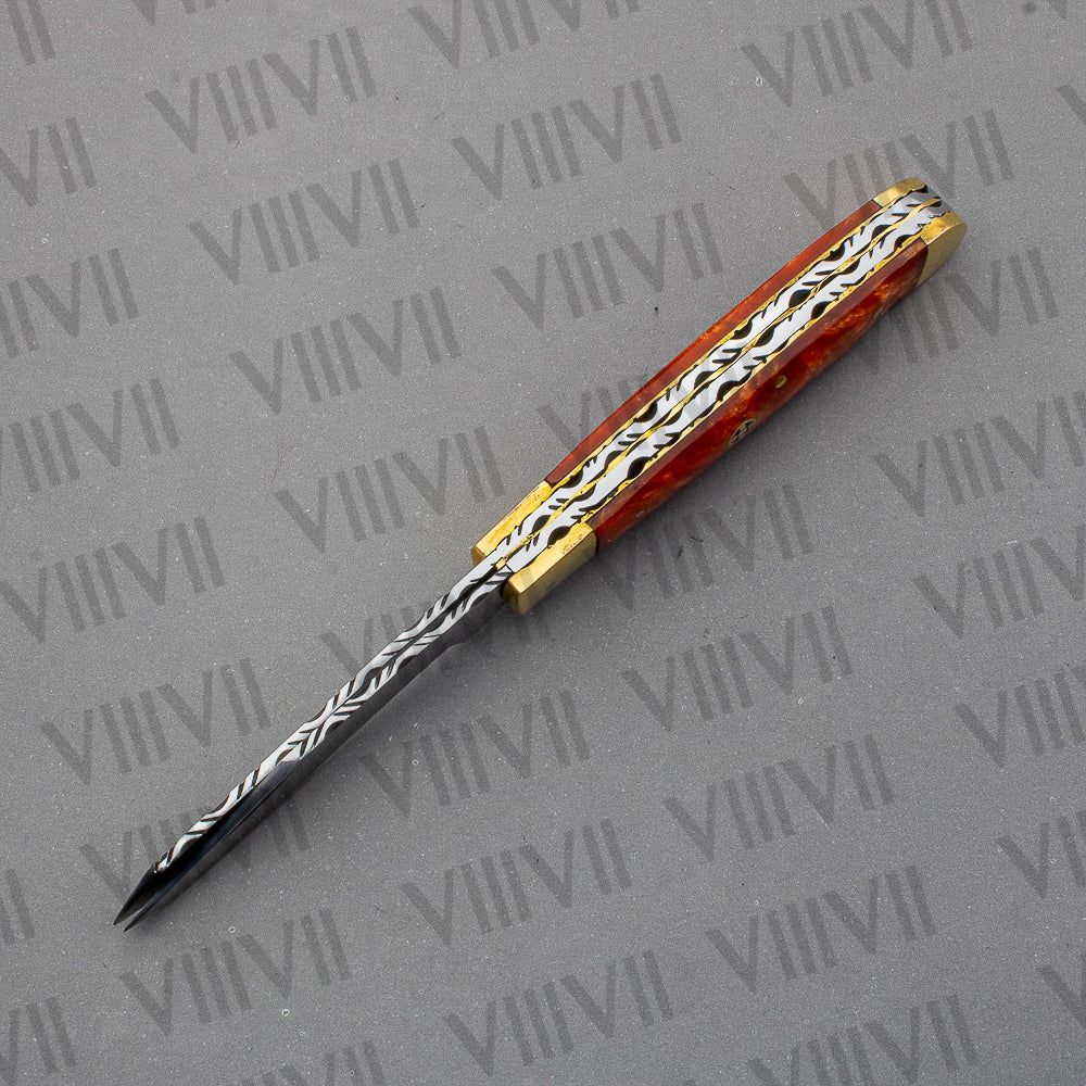 Double Blade Pocket Knife with Orange Resin Handle | Trapper Folding Knife with Clip & Spey Blades – Gift Box or Leather Sheath