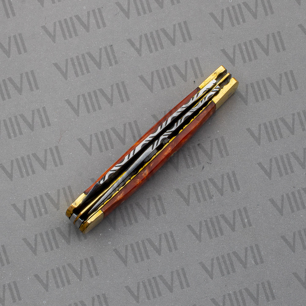 Double Blade Pocket Knife with Orange Resin Handle | Trapper Folding Knife with Clip & Spey Blades – Gift Box or Leather Sheath