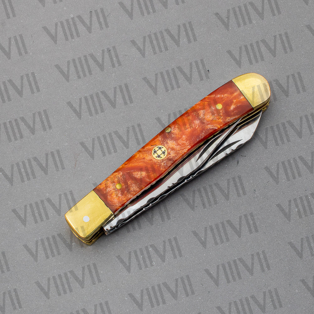 Double Blade Pocket Knife with Orange Resin Handle | Trapper Folding Knife with Clip & Spey Blades – Gift Box or Leather Sheath