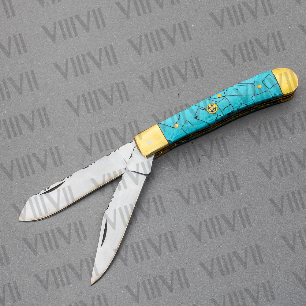 Double Blade Pocket Knife with Turquoise Handle | Trapper Folding Knife with Clip & Spey Blades – Gift Box or Leather Sheath