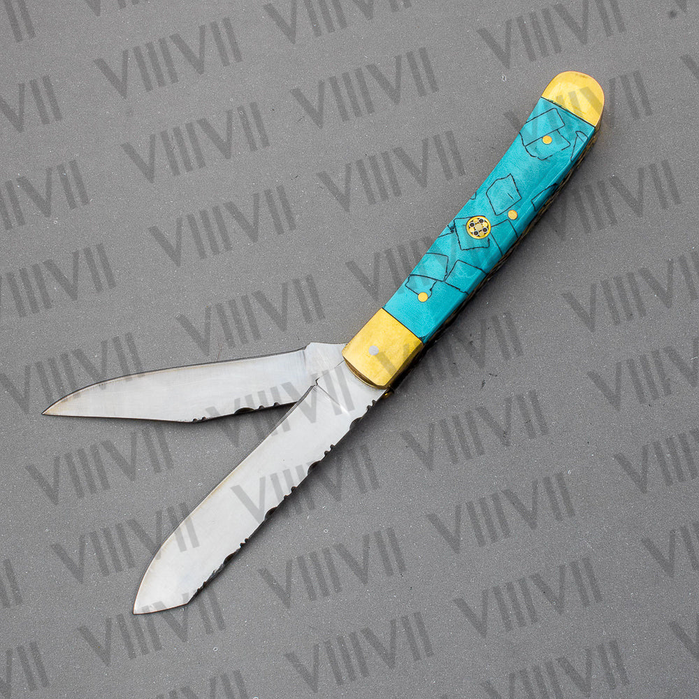 Double Blade Pocket Knife with Turquoise Handle | Trapper Folding Knife with Clip & Spey Blades – Gift Box or Leather Sheath