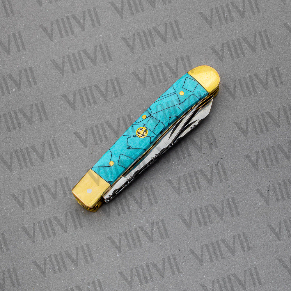 Double Blade Pocket Knife with Turquoise Handle | Trapper Folding Knife with Clip & Spey Blades – Gift Box or Leather Sheath
