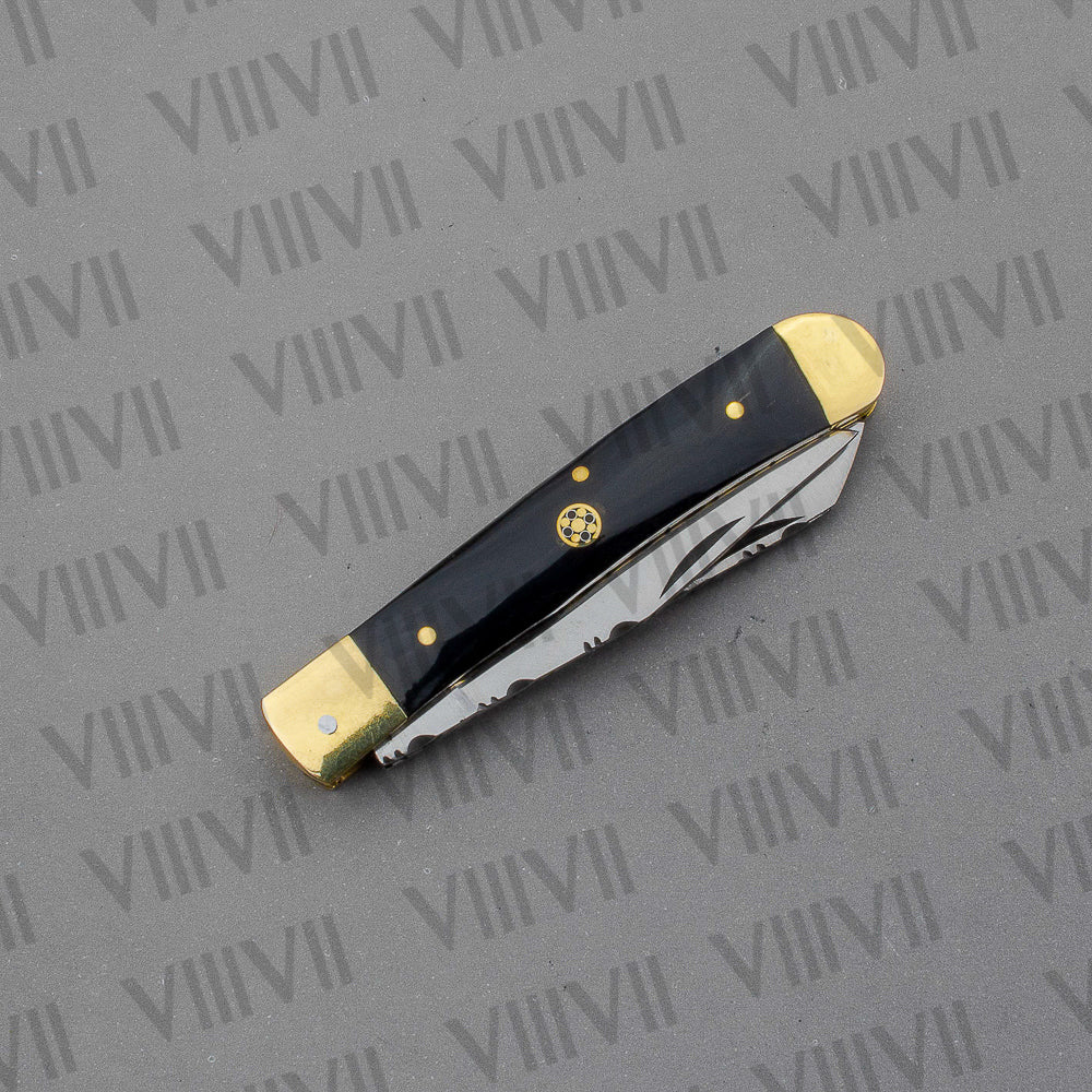 Double Blade Pocket Knife with Bull Horn Handle | Trapper Knife with Spey & Clip Point Blades – Gift Box or Leather Sheath Option