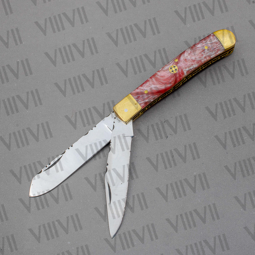 Double Blade Pocket Knife with Pink Resin Handle | Trapper Folding Knife with Clip & Spey Blades – Gift Box or Leather Sheath