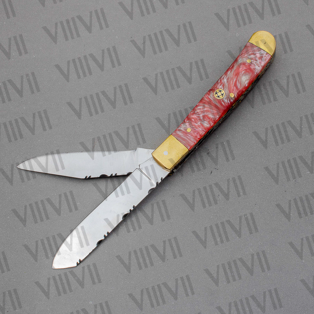 Double Blade Pocket Knife with Pink Resin Handle | Trapper Folding Knife with Clip & Spey Blades – Gift Box or Leather Sheath