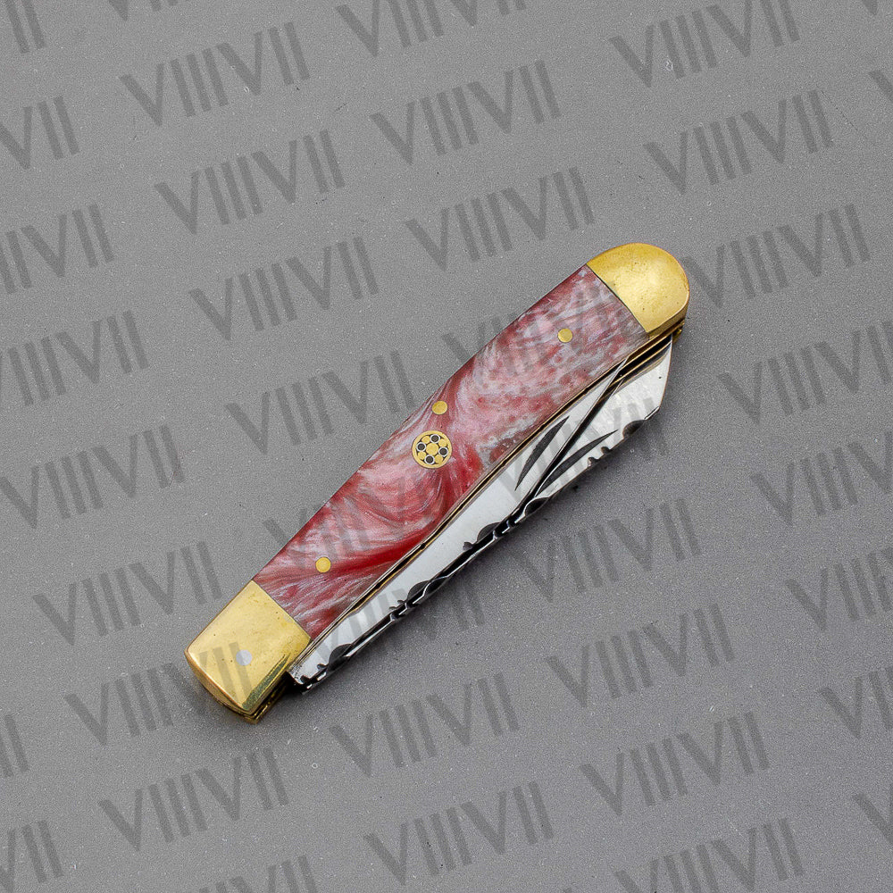 Double Blade Pocket Knife with Pink Resin Handle | Trapper Folding Knife with Clip & Spey Blades – Gift Box or Leather Sheath
