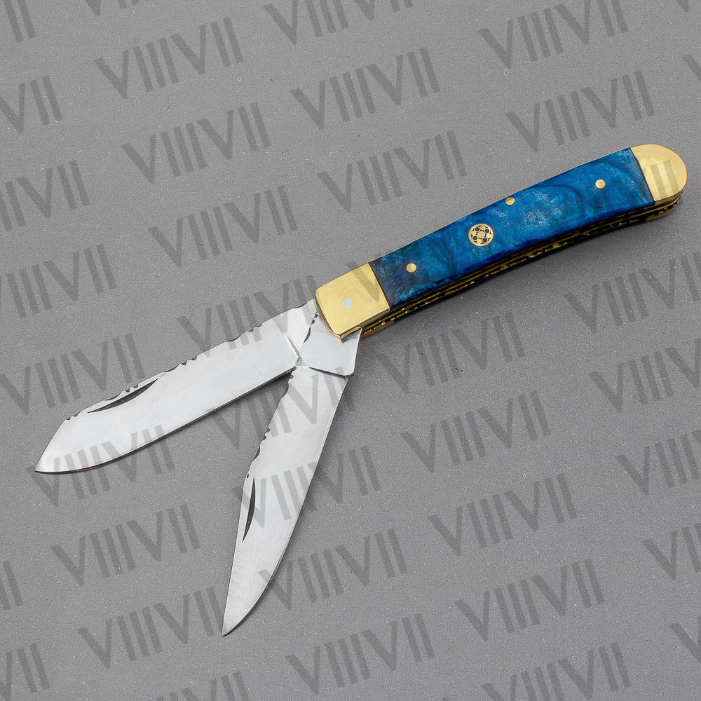 Double Blade Pocket Knife with Blue Resin Handle | Trapper Knife with Spey & Clip Point Blades – Gift Box or Leather Sheath Option