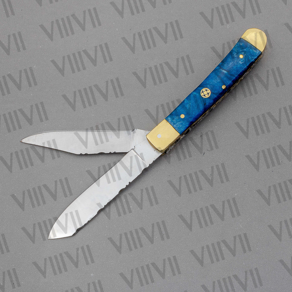 Double Blade Pocket Knife with Blue Resin Handle | Trapper Knife with Spey & Clip Point Blades – Gift Box or Leather Sheath Option
