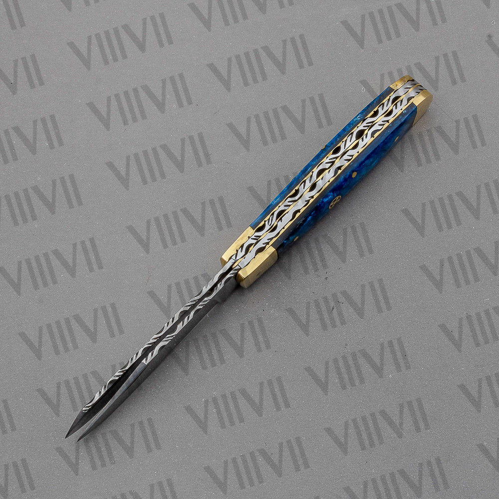 Double Blade Pocket Knife with Blue Resin Handle | Trapper Knife with Spey & Clip Point Blades – Gift Box or Leather Sheath Option