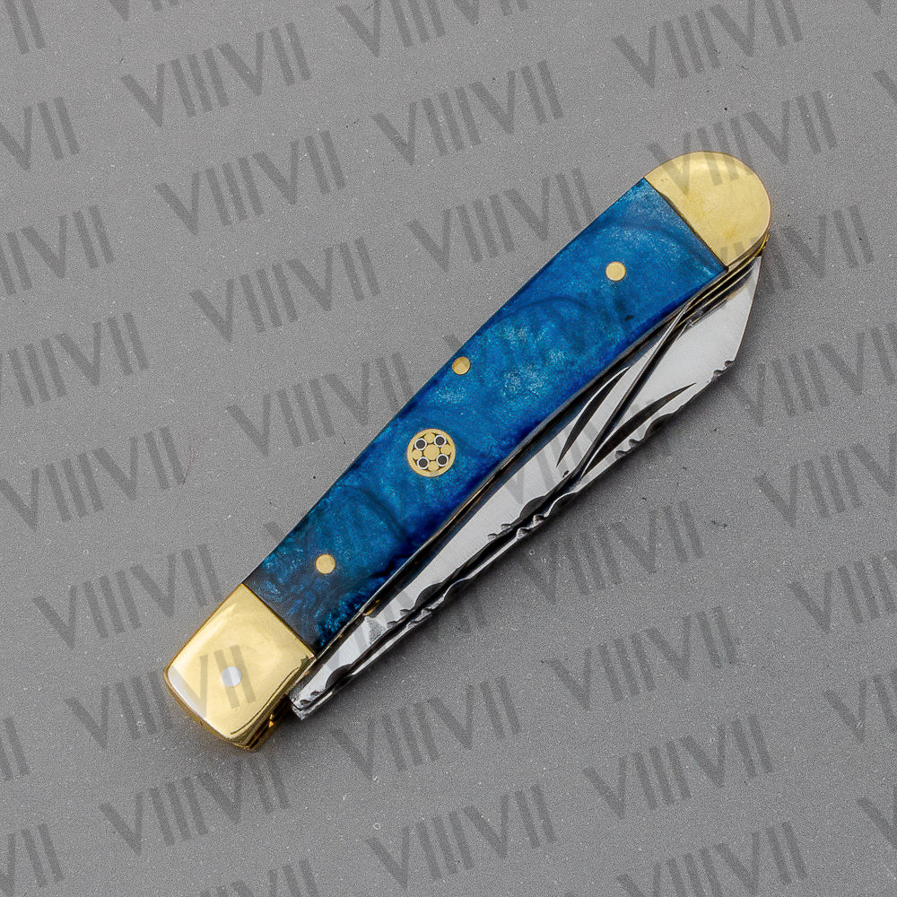 Double Blade Pocket Knife with Blue Resin Handle | Trapper Knife with Spey & Clip Point Blades – Gift Box or Leather Sheath Option