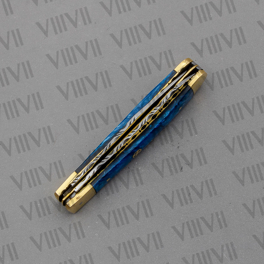 Double Blade Pocket Knife with Blue Resin Handle | Trapper Knife with Spey & Clip Point Blades – Gift Box or Leather Sheath Option