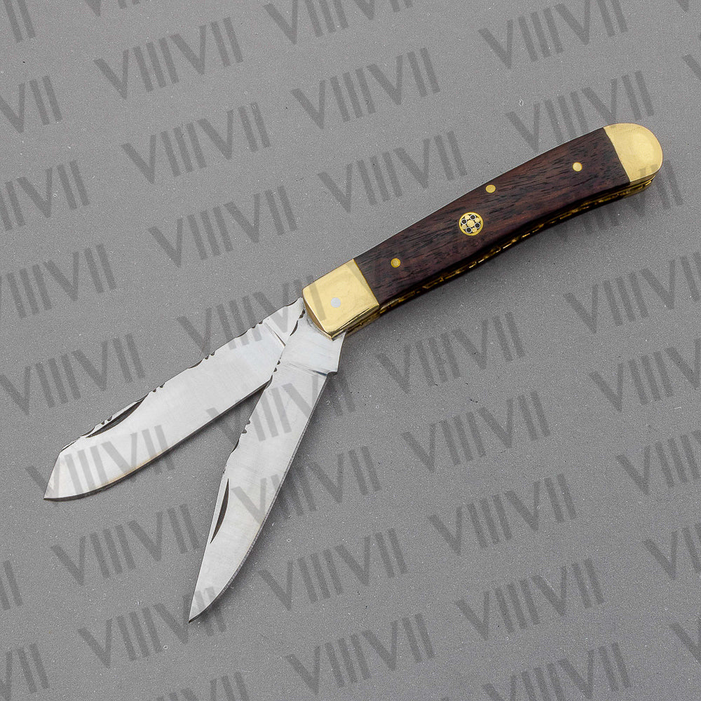 Double Blade Pocket Knife with Rosewood Handle | Trapper Folding Knife with Spey & Clip Point Blades – Gift Box or Leather Sheath