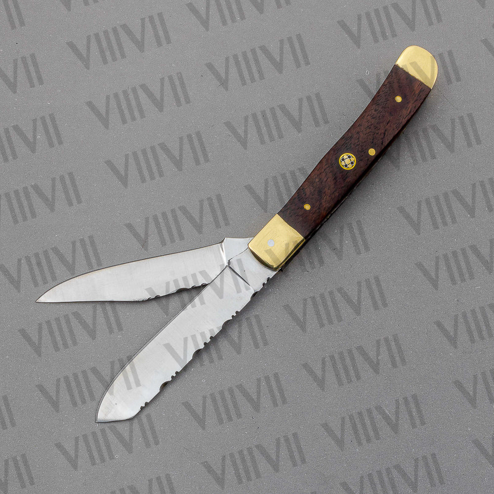 Double Blade Pocket Knife with Rosewood Handle | Trapper Folding Knife with Spey & Clip Point Blades – Gift Box or Leather Sheath