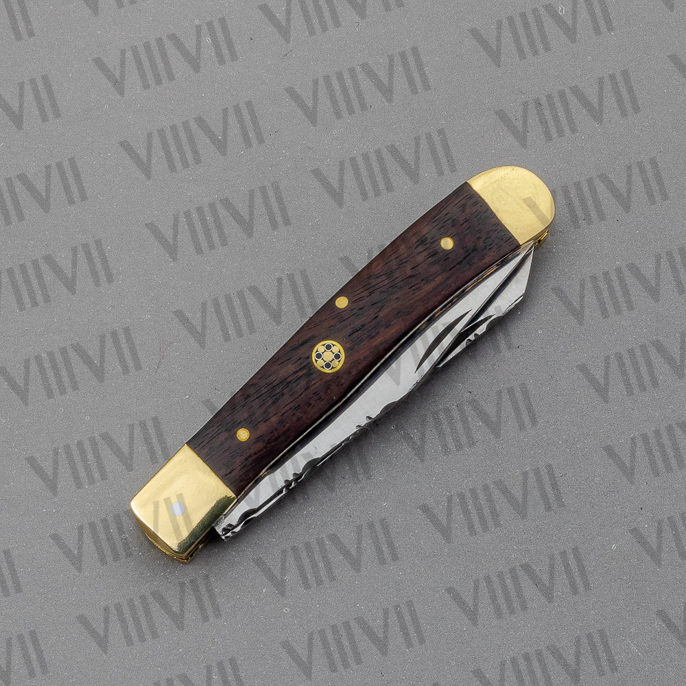Double Blade Pocket Knife with Rosewood Handle | Trapper Folding Knife with Spey & Clip Point Blades – Gift Box or Leather Sheath