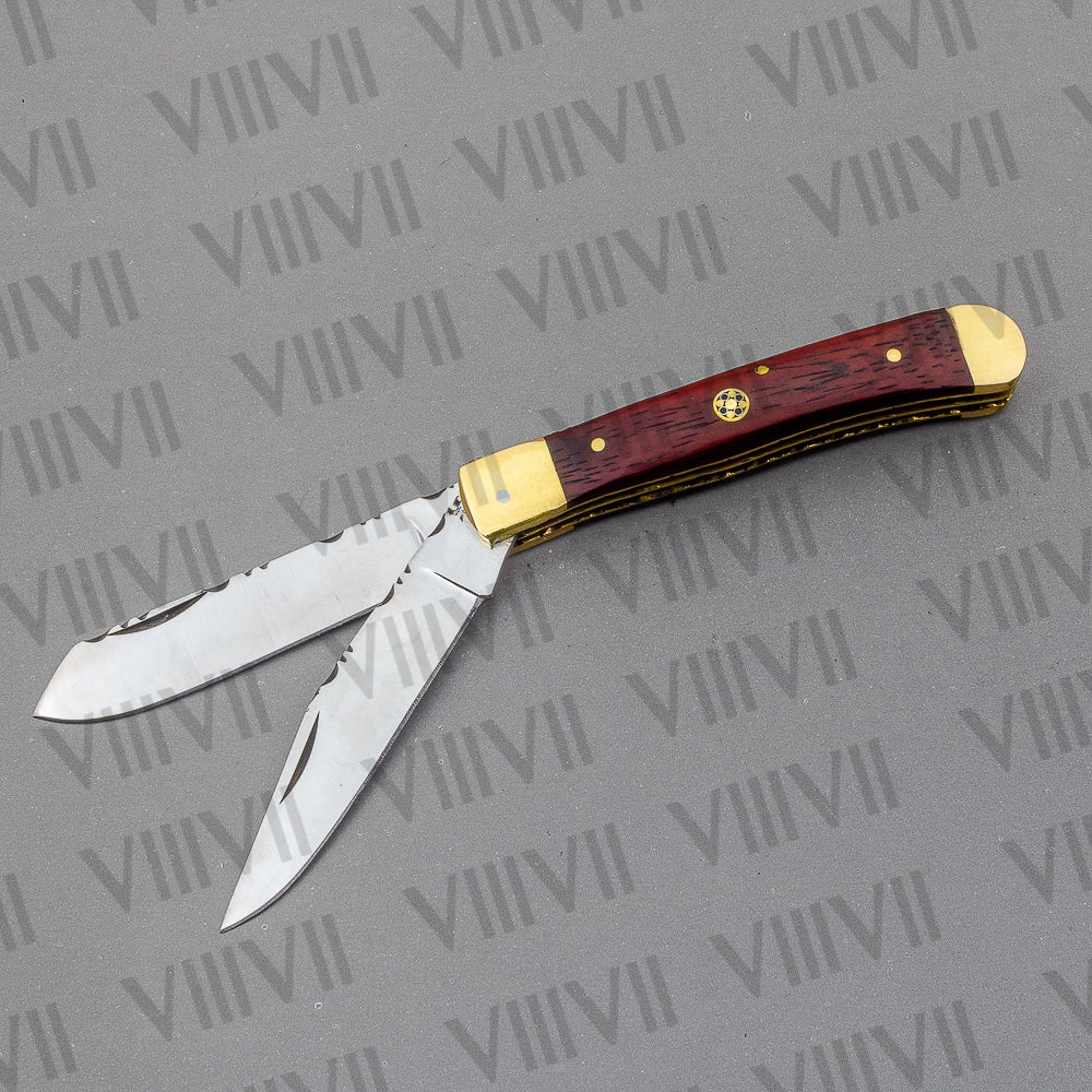 Double Blade Pocket Knife with Dollar Wood Handle | Trapper Folding Knife with Spey & Clip Point Blades – Gift Box or Leather Sheath Option