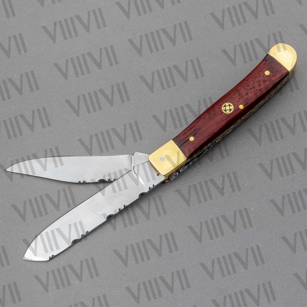 Double Blade Pocket Knife with Dollar Wood Handle | Trapper Folding Knife with Spey & Clip Point Blades – Gift Box or Leather Sheath Option