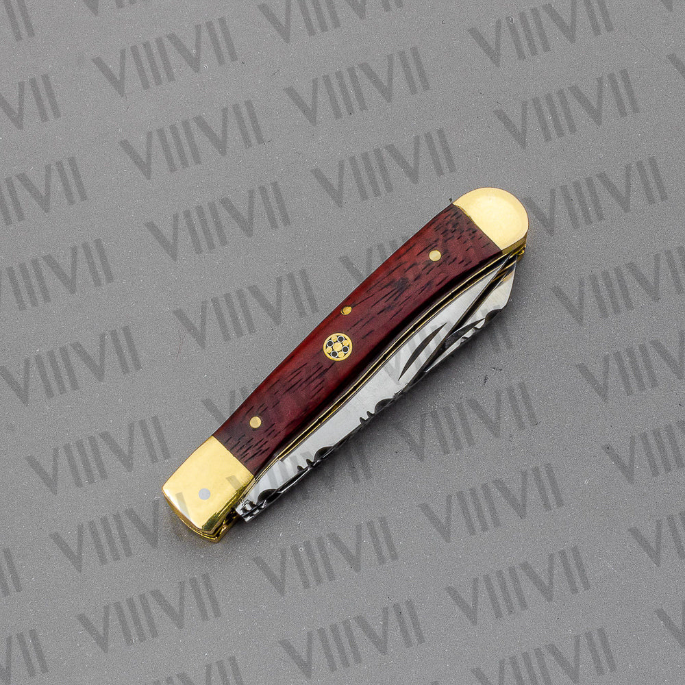 Double Blade Pocket Knife with Dollar Wood Handle | Trapper Folding Knife with Spey & Clip Point Blades – Gift Box or Leather Sheath Option