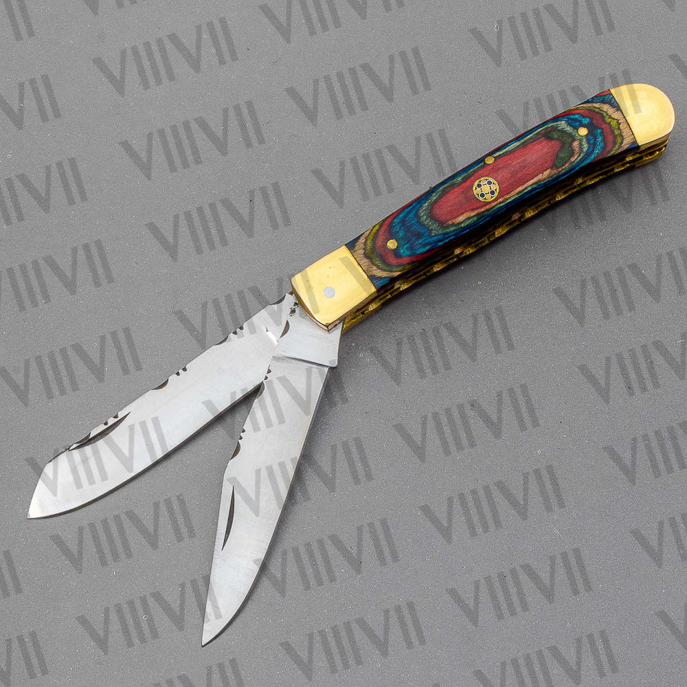 Double Blade Pocket Knife with Multi-Wood Handle | Trapper Folding Knife with Spey & Clip Point Blades – Gift Box or Leather Sheath Included