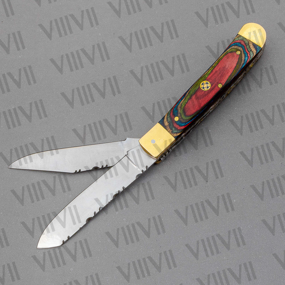 Double Blade Pocket Knife with Multi-Wood Handle | Trapper Folding Knife with Spey & Clip Point Blades – Gift Box or Leather Sheath Included