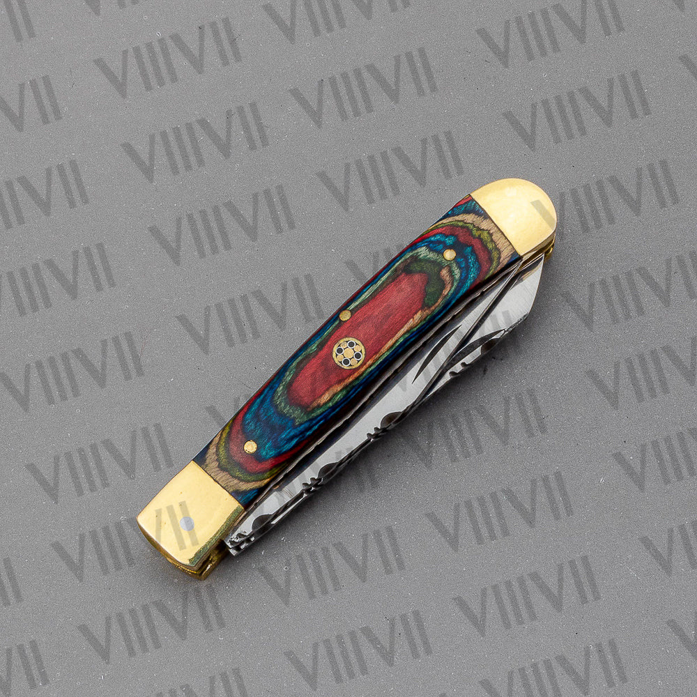 Double Blade Pocket Knife with Multi-Wood Handle | Trapper Folding Knife with Spey & Clip Point Blades – Gift Box or Leather Sheath Included