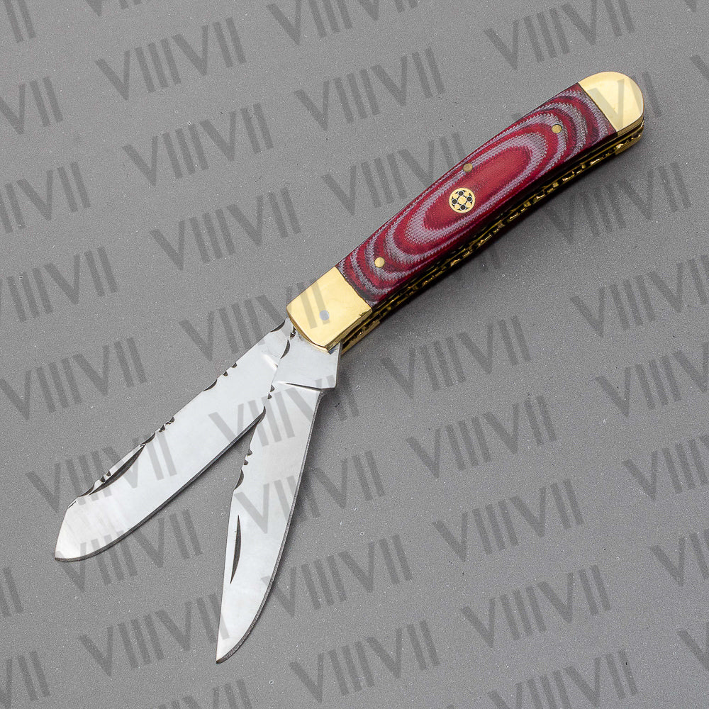 Double Blade Pocket Knife with Micarta Handle | Trapper Folding Knife with Clip & Spey Blades – Gift Box or Leather Sheath Option