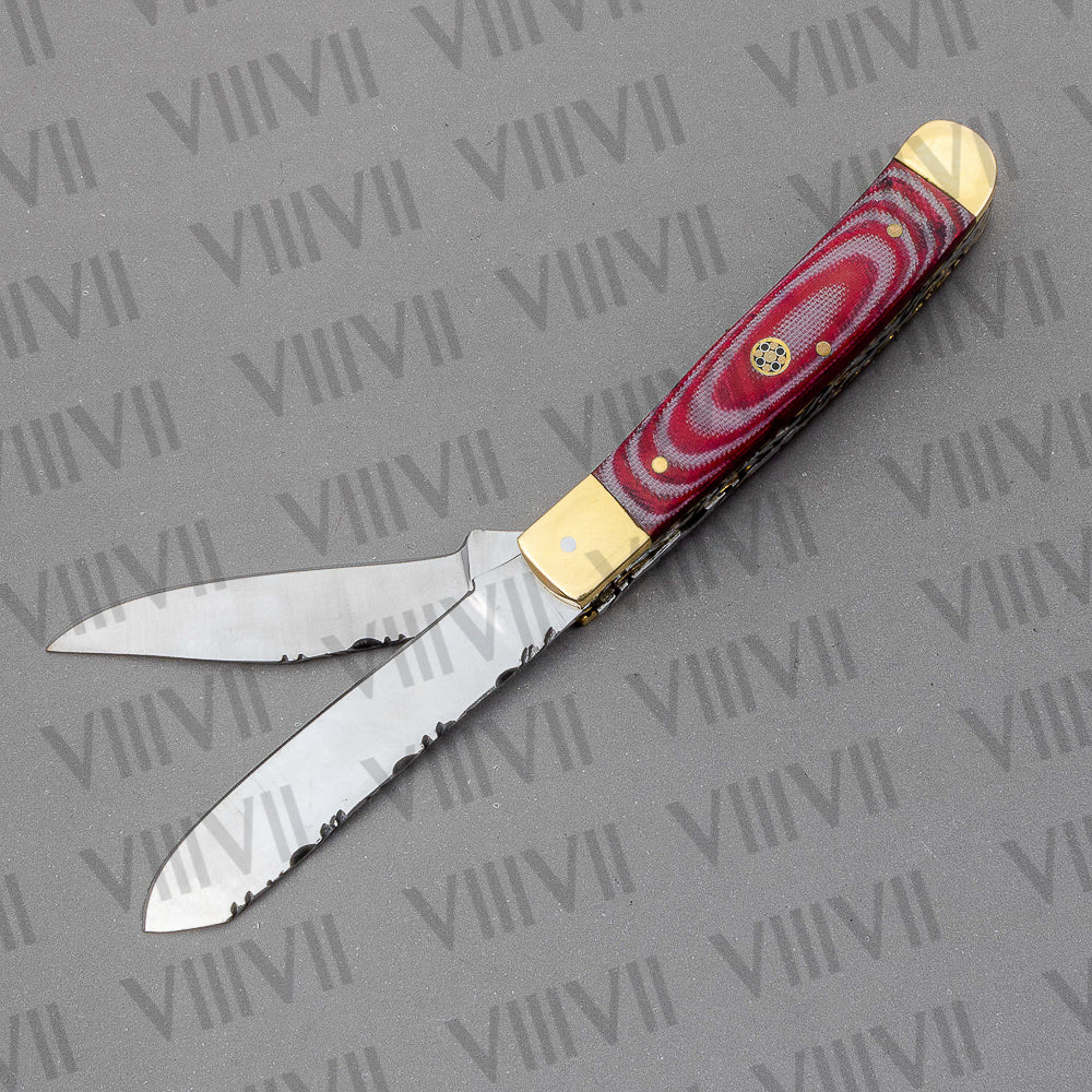 Double Blade Pocket Knife with Micarta Handle | Trapper Folding Knife with Clip & Spey Blades – Gift Box or Leather Sheath Option