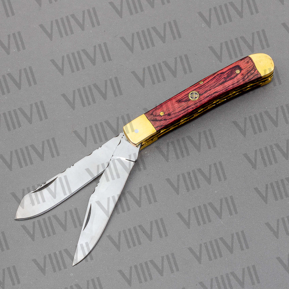 Double Blade Pocket Knife with Pakka Wood Handle | Trapper Folding Knife with Spey & Clip Point Blades – Gift Box or Leather Sheath Included