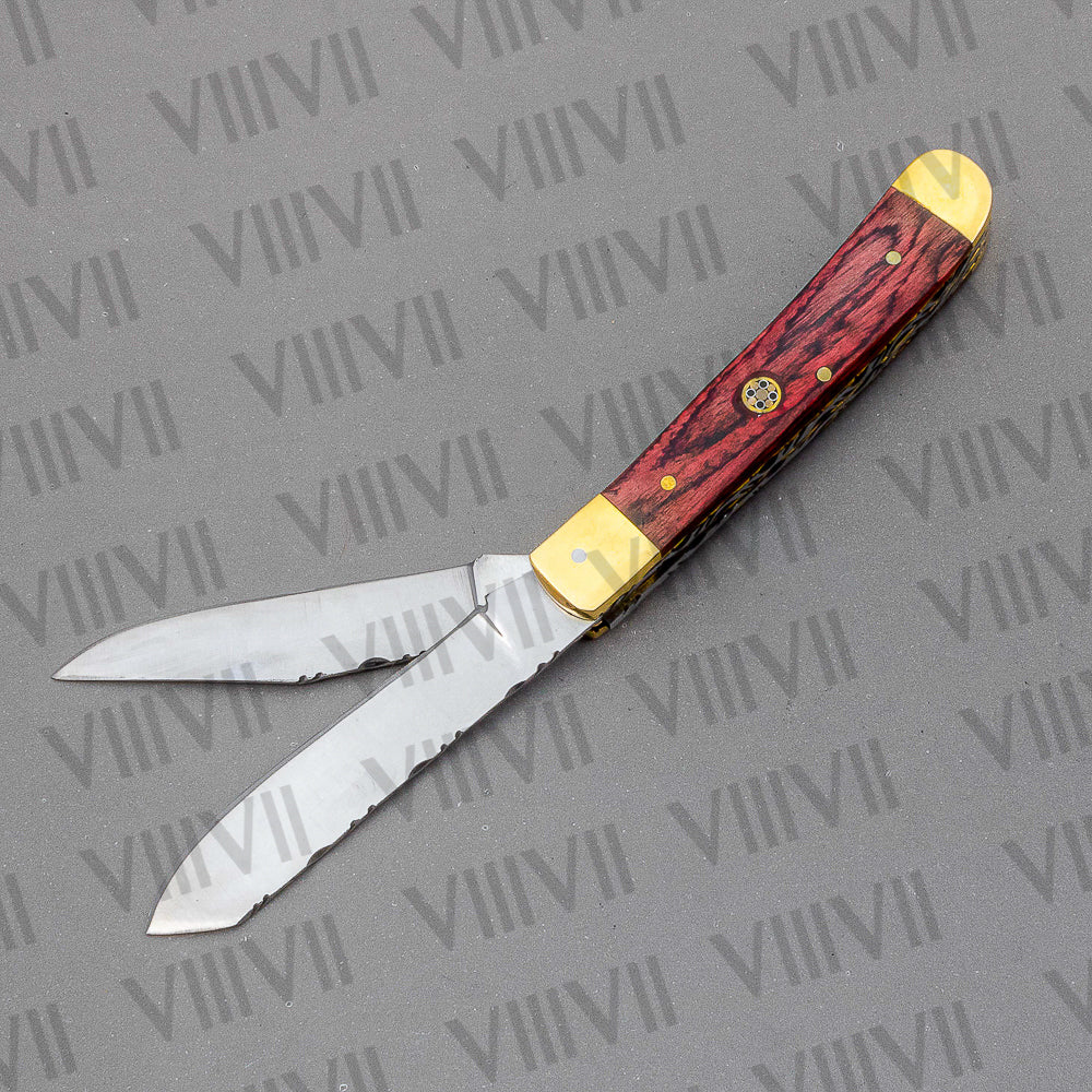 Double Blade Pocket Knife with Pakka Wood Handle | Trapper Folding Knife with Spey & Clip Point Blades – Gift Box or Leather Sheath Included