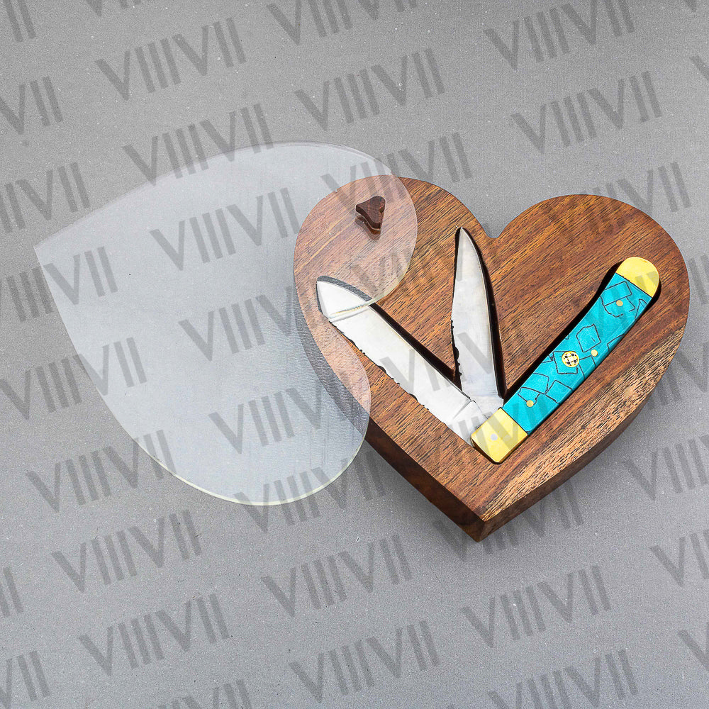 Double Blade Pocket Knife with Turquoise Handle | Trapper Folding Knife with Clip & Spey Blades – Gift Box or Leather Sheath