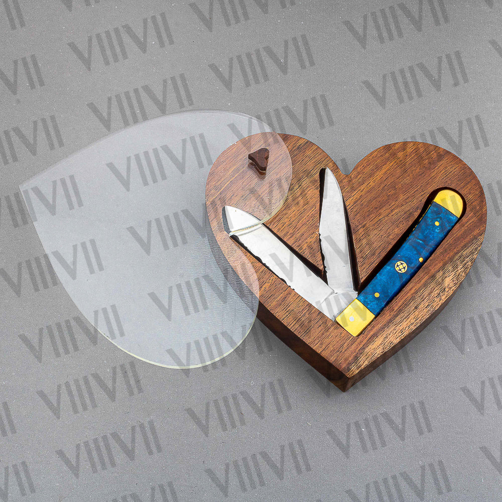 Double Blade Pocket Knife with Blue Resin Handle | Trapper Knife with Spey & Clip Point Blades – Gift Box or Leather Sheath Option