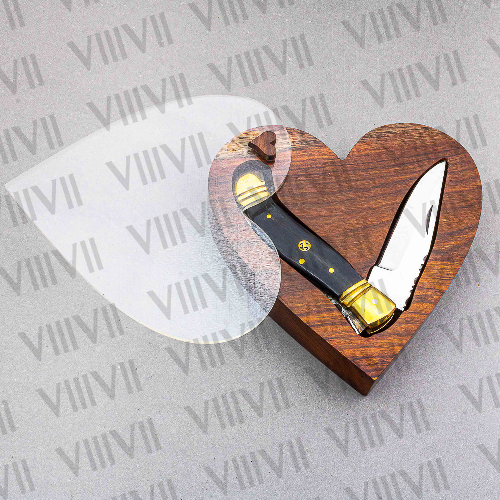 D2 Steel Folding Pocket Knife with Bull Horn Handle – Handmade with Leather Sheath, Square or Heart Wooden Gift Box