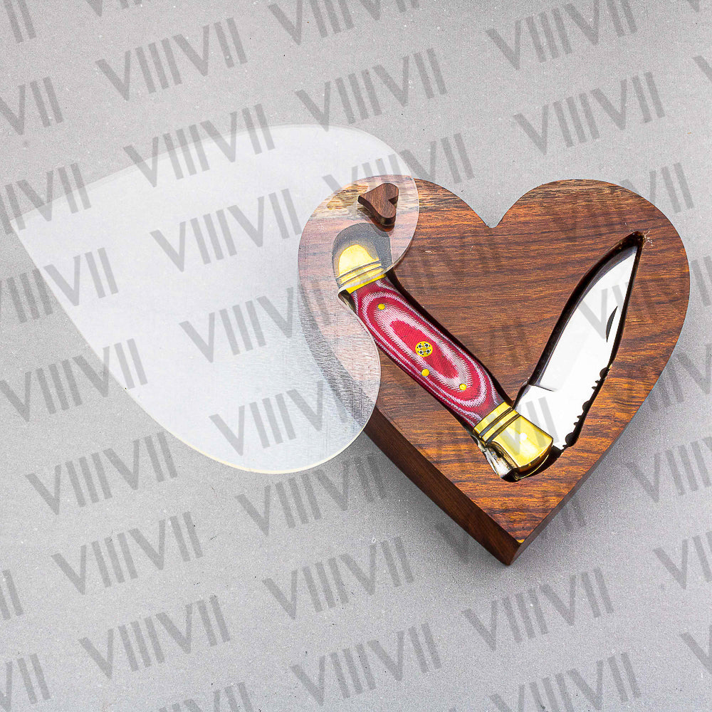 D2 Steel Folding Pocket Knife with Red Micarta Handle – Handmade Knife with Sheath, Square or Heart Gift Box