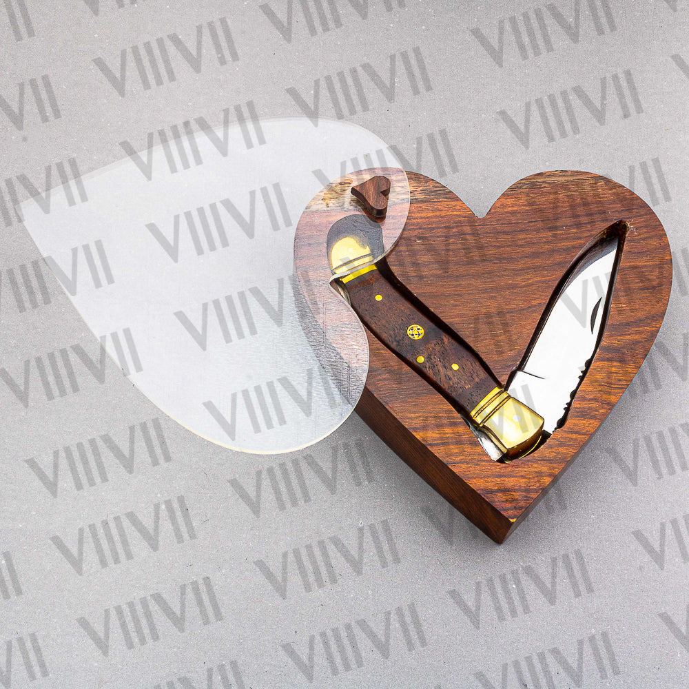 Handmade D2 Steel Folding Pocket Knife with Rosewood Handle – With Leather Sheath, Square Box, or Heart Gift Box