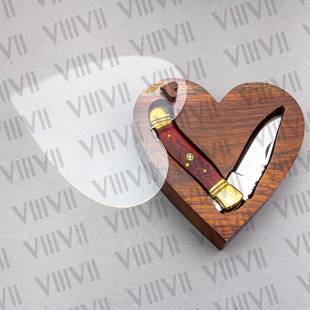 D2 Steel Folding Pocket Knife with Dollar Wood Handle – Handmade Knife with Leather Sheath or Wooden Gift Box (Square or Heart)