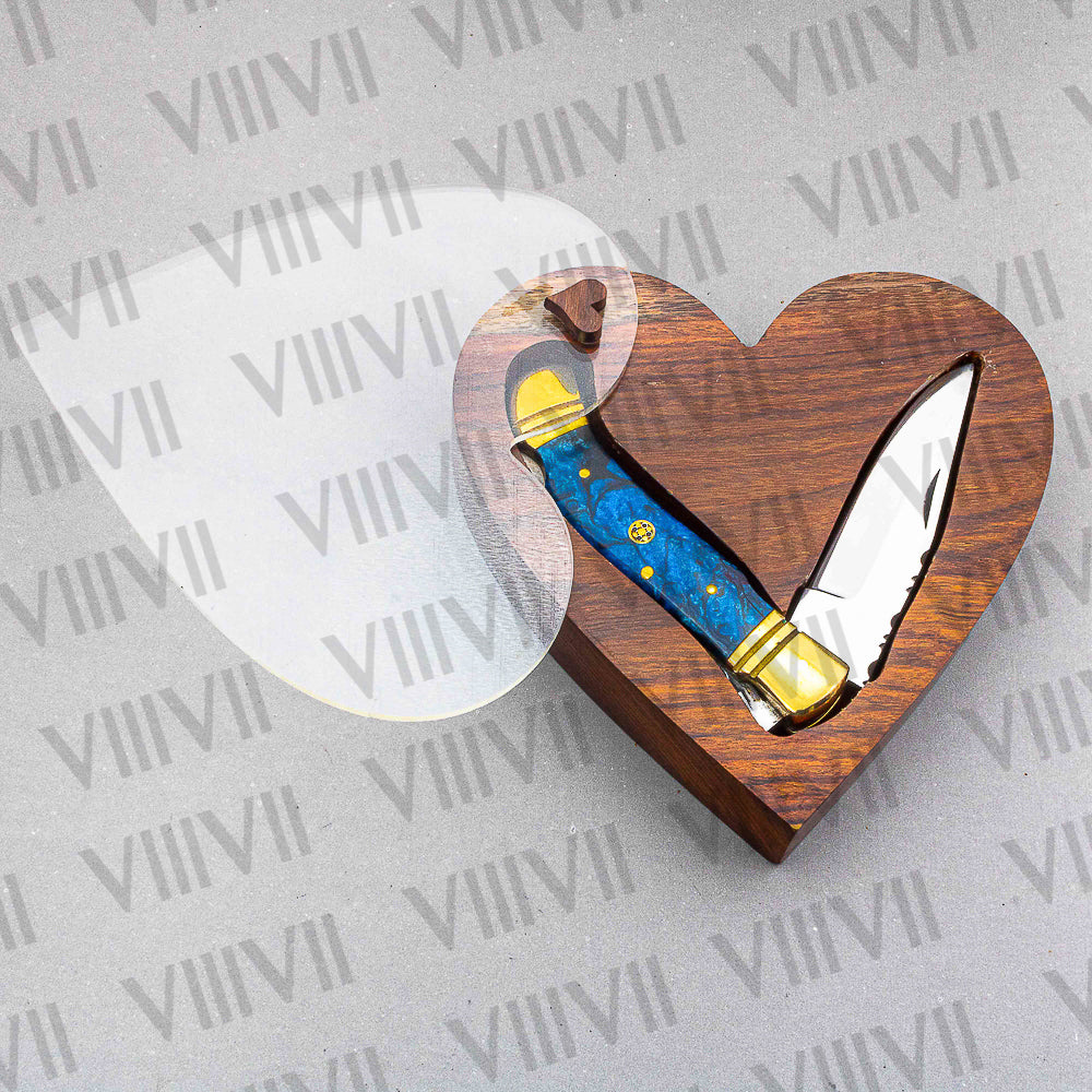 Handmade D2 Steel Pocket Knife with Blue Resin Handle – Includes Leather Sheath, Square Box or Heart Gift Box