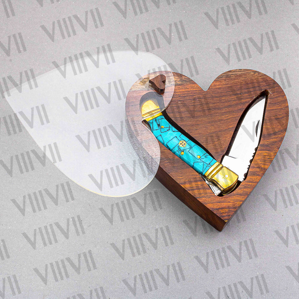 Handmade D2 Steel Folding Pocket Knife with Turquoise Handle – With Leather Sheath, Square Gift Box, or Heart Gift Box