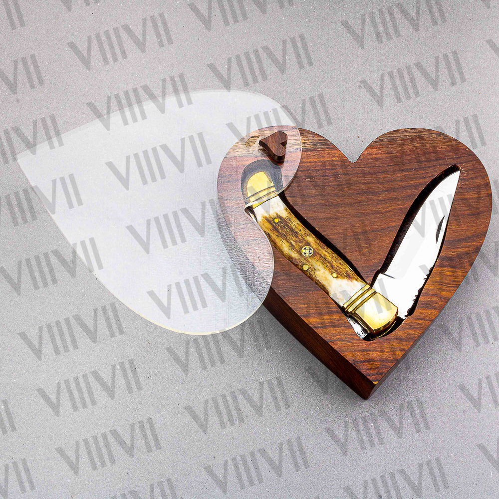 Handmade D2 Steel Folding Pocket Knife with Stag Horn Handle – With Leather Sheath, Square Gift Box, or Heart Gift Box