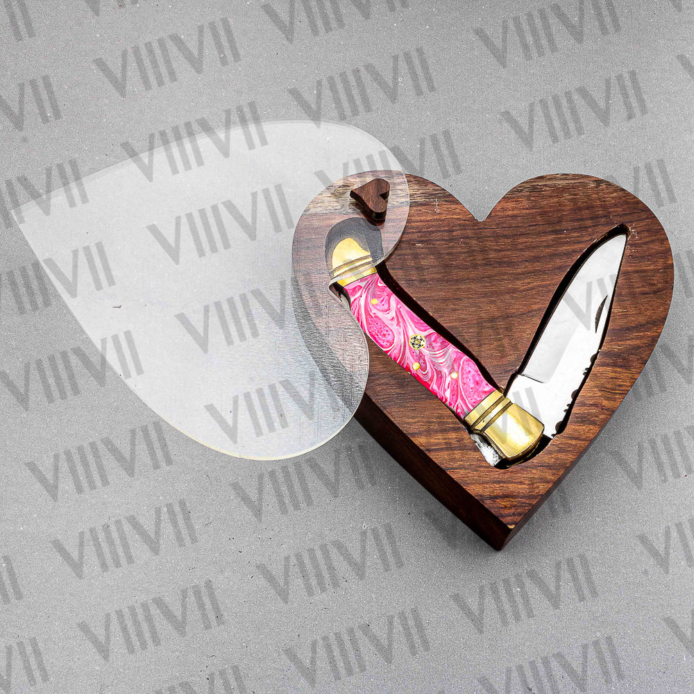 D2 Steel Folding Pocket Knife with Pink Resin Handle – Handmade Knife with Leather Sheath, Square Box, or Heart Gift Box