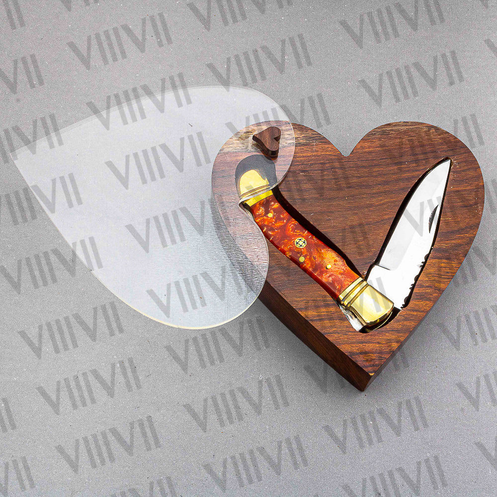 D2 Steel Folding Pocket Knife with Orange Resin Handle – Handmade Knife with Leather Sheath, Square Box, or Heart Gift Box