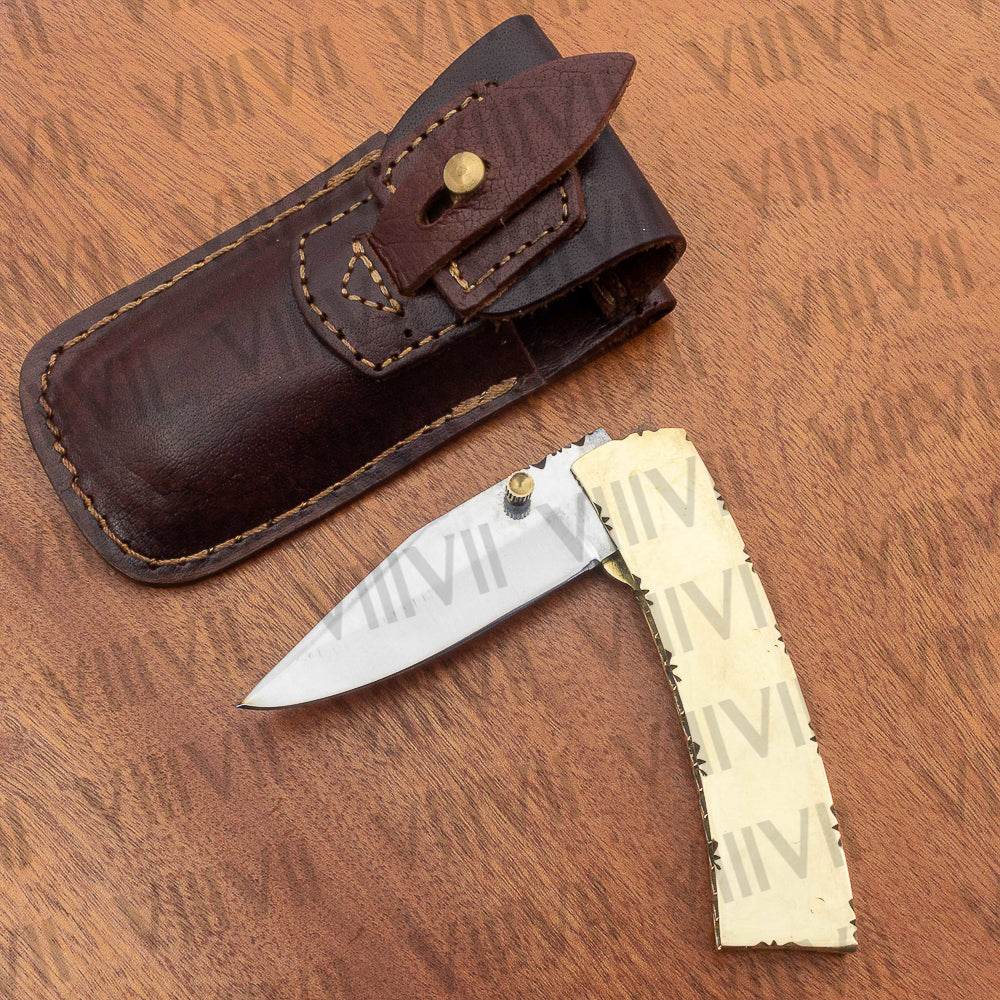 Stainless Steel Pocket Knife with Brass Handle | Folding Knife with Leather Sheath for EDC & Gifting