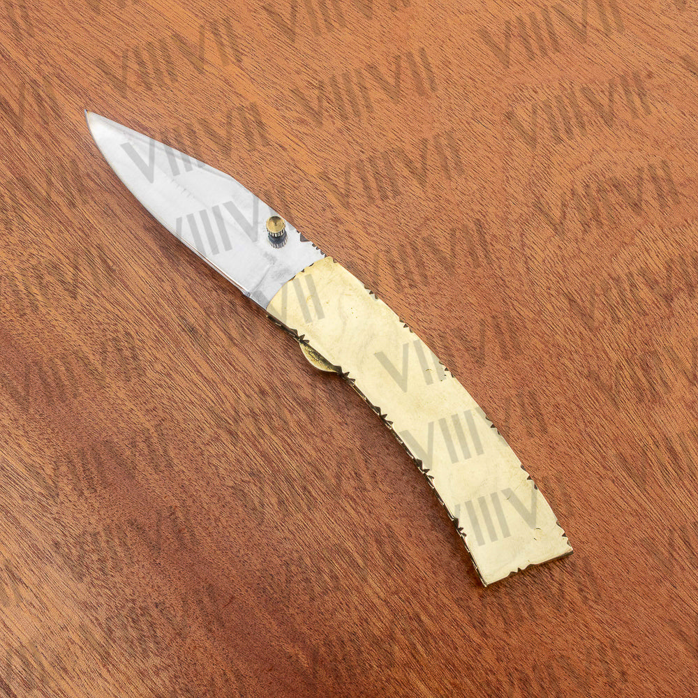 Stainless Steel Pocket Knife with Brass Handle | Folding Knife with Leather Sheath for EDC & Gifting